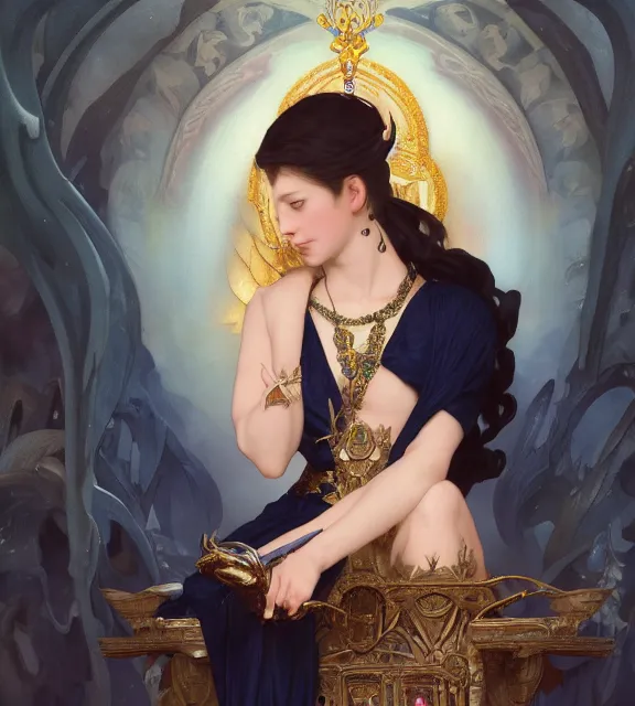 Image similar to god of death, young male, crystal cave background, elegant dark blue dress, very detailed, throne, very intricate details, jewelry, gold eyeshadow, elaborate long black hairstyle, wings, cinematic, artstation, william bouguereau, alphonse mucha, greg rutkowski, rossdraws, octane render