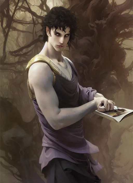 Image similar to character concept portrait of an handsome young focused Spanish wizard with pale purple skin enchanting an water spell, a floating iridescent spell book in the center, intricate, elegant, digital painting, concept art, smooth, sharp focus, illustration, from Metal Gear, by Ruan Jia and Mandy Jurgens and William-Adolphe Bouguereau, Artgerm