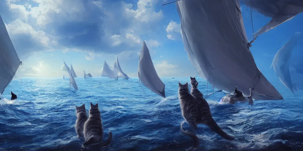 Prompt: Several cats sailing over a blue ocean, Darek Zabrocki, Karlkka, Jayison Devadas, Phuoc Quan, trending on Artstation, 8K, ultra wide angle, pincushion lens effect.