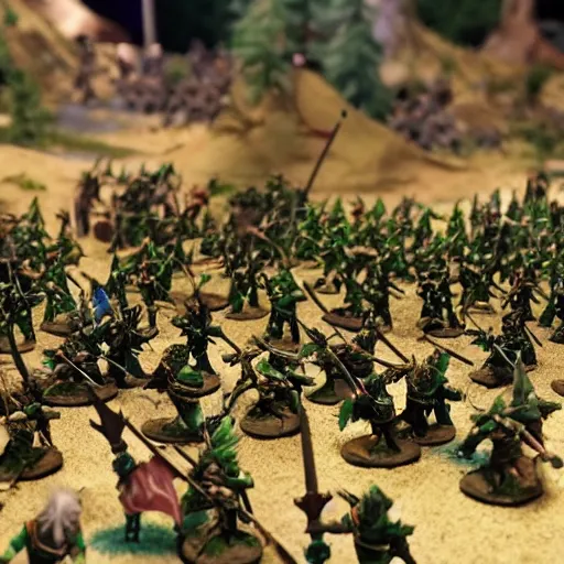 Image similar to photo taken of an epic miniature battlefield diorama, an army of high elves battling a horde of orcs, with highly detailed exquisitely painted 3 d printed characters, wide shot, photorealistic, sharp focus, f 0. 4, golden ratio, golden hour = w 7 6 8