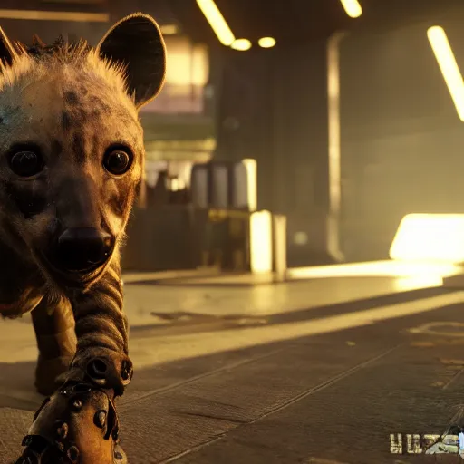 Image similar to cute baby robot hyena, realistic lighting and proportions, cyberpunk 2 0 7 7 screenshot