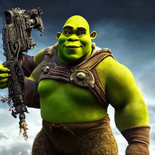 Prompt: Shrek!! as Shrek!! in 'Gears of War', splash art, movie still, cinematic lighting, detailed face, dramatic, octane render, long lens, shallow depth of field, bokeh, anamorphic lens flare, 8k, hyper detailed, 35mm film grain