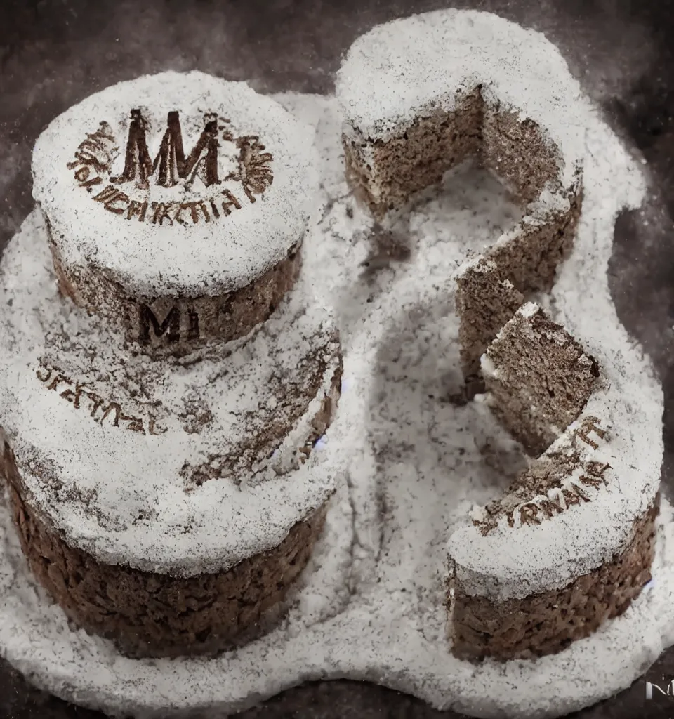 Image similar to ultra realistic Letter M cake, 8K resolution, well designed,