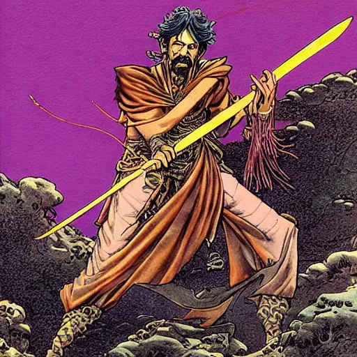 Prompt: Frank Zappa golden Vagabond magic swordsman glides through a beautiful battlefield magic the gathering dramatic esoteric pen and ink illustrated in high detail by Hiroya Oku, Moebius, and Tatsuki Fujimoto shonen jump 2077