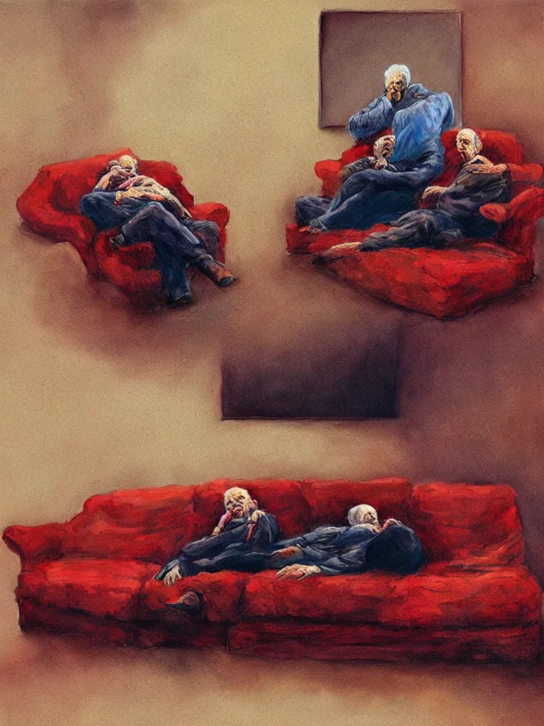 Prompt: photo of a very old couple sleeping on a couch, psx game graphics , Beksinski painting, part by Adrian Ghenie