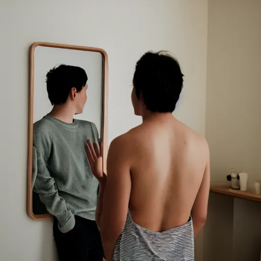 Prompt: young white woman and man staring at a mirror showing infinite reality, bedroom, XF IQ4, 150MP, 50mm, F1.4, ISO 200, 1/160s, natural light