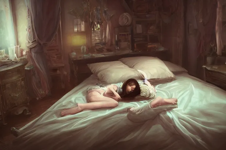 Prompt: teenager sleeping on bed in backrooms, high detailed art, liminal aesthetic, dreamcore, by wilfred lee, cgsociety, unreal engine