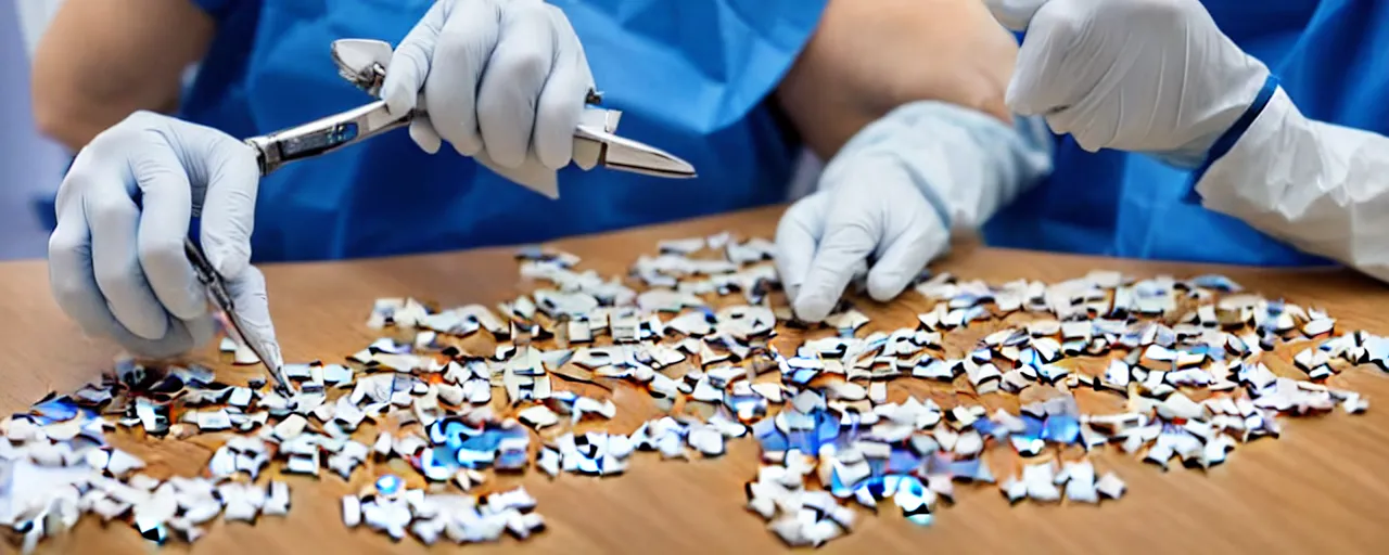 Image similar to a surgeon with realistic hands using a scalpel on a jigsaw puzzle on a table