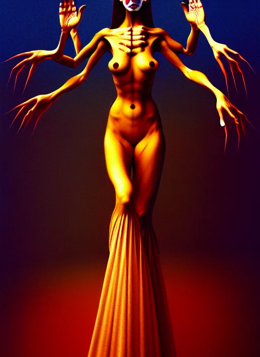 Image similar to full body portrait of marzanna slavic goddess with six arms in slavic clothes : concept art zdzisław beksinski, full body!! contour light effect!! hd, 4 k, ultra clear detailed : dark color gamma