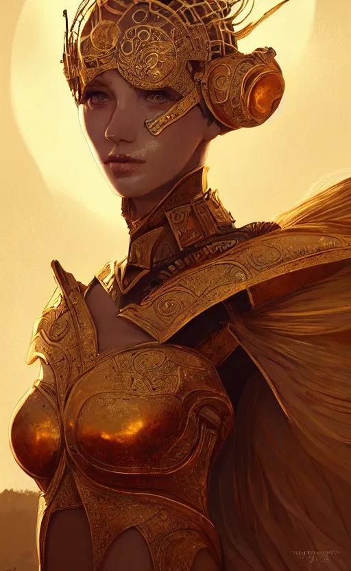 Image similar to portrait knights of zodiac girl, golden and copper shining armor, in ruined agora of athens sunrise, ssci - fi and fantasy, intricate and very very beautiful and elegant, highly detailed, digital painting, artstation, concept art, smooth and sharp focus, illustration, art by ilya kuvshinov and tian zi and wlop and z - - ed