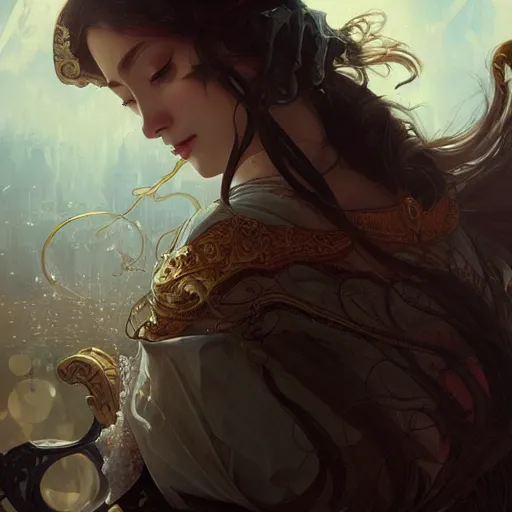 Image similar to kiana D&D, fantasy, intricate, elegant, highly detailed, digital painting, artstation, concept art, smooth, sharp focus, illustration, art by artgerm and greg rutkowski and alphonse mucha