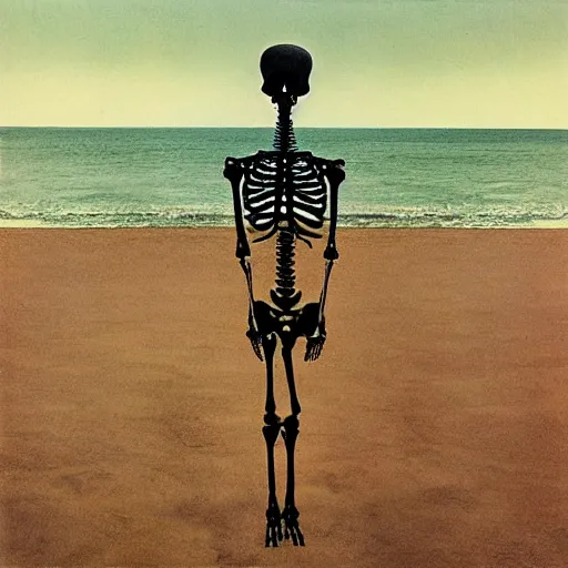 Image similar to a skeleton standing on a beach next to the ocean, a surrealist painting by Storm Thorgerson, featured on cg society, nuclear art, surrealist, apocalypse landscape, chillwave