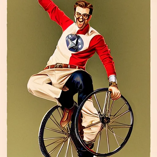 Prompt: Chris Evans riding a unicycle and looking very happy by leyendecker