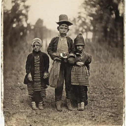 Prompt: children in scary big masks daguerrotype rural area 1 8 9 0 s