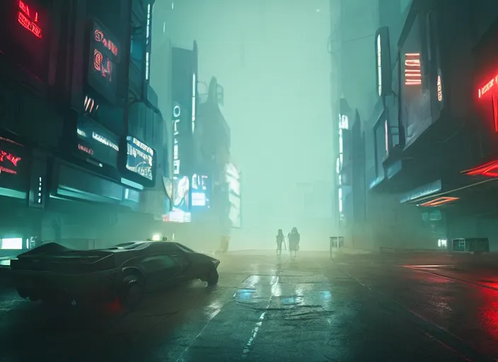 Image similar to a scene from blade runner 2 0 4 9, neon lights, highly detailed, perfect lighting, perfect composition, 4 k, artstation, cinematic, 3 d render, octane render, unreal engine 5, lumen, 8 k, beeple, ray tracing, hdr