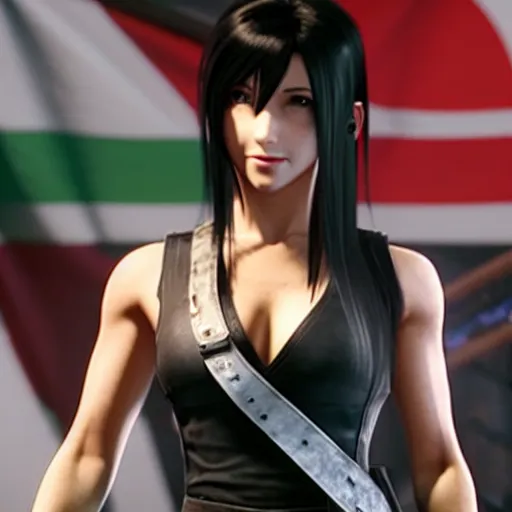 Image similar to Tifa Lockhart from Final Fantasy VII Remake looking at the Italian flag and chuckling to herself