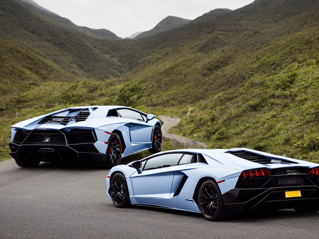 Image similar to a rear shot of a lamborghini aventador with lights on a mountain road, motion blur, 3 5 mm photography, car photography, clean lines, realistic