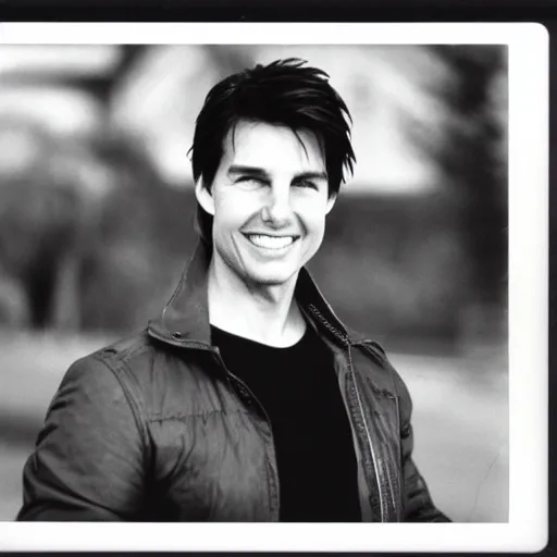 Prompt: Polaroid of Tom Cruise very close to tv 1983