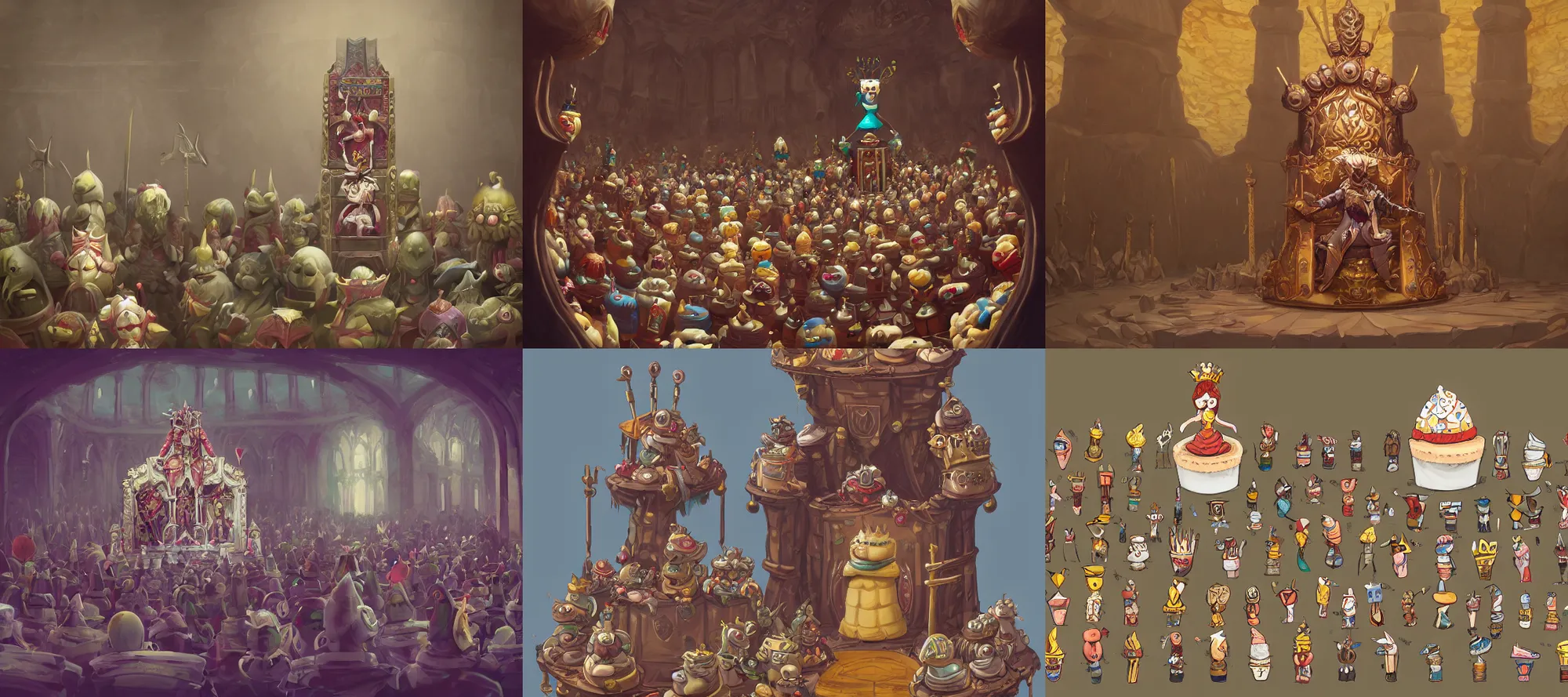 Prompt: Crowded throne room of an anthropomorphic cupcake, wide shot, trending on artstation