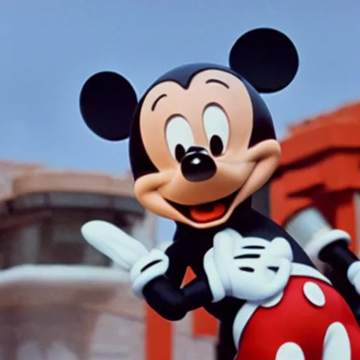 Image similar to Mickey Mouse the destroyer of worlds, photorealistic, film still, desolate