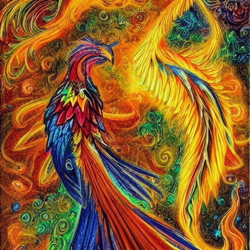 Prompt: beautiful phoenix bird with long tail made of flames, detailed painting in the style of josephine wall 4 k