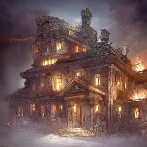 Prompt: mansion collapses killing 4 0 men women and children, dungeons and dragons, concept art, highly detailed art