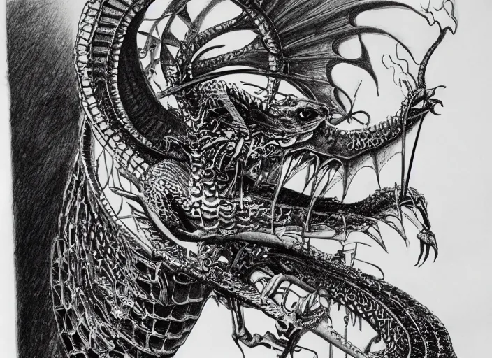 Image similar to pen and ink drawing, real dragon with steam punk apparatus strapped to it, white background, Olivia Kemp, julia Hill