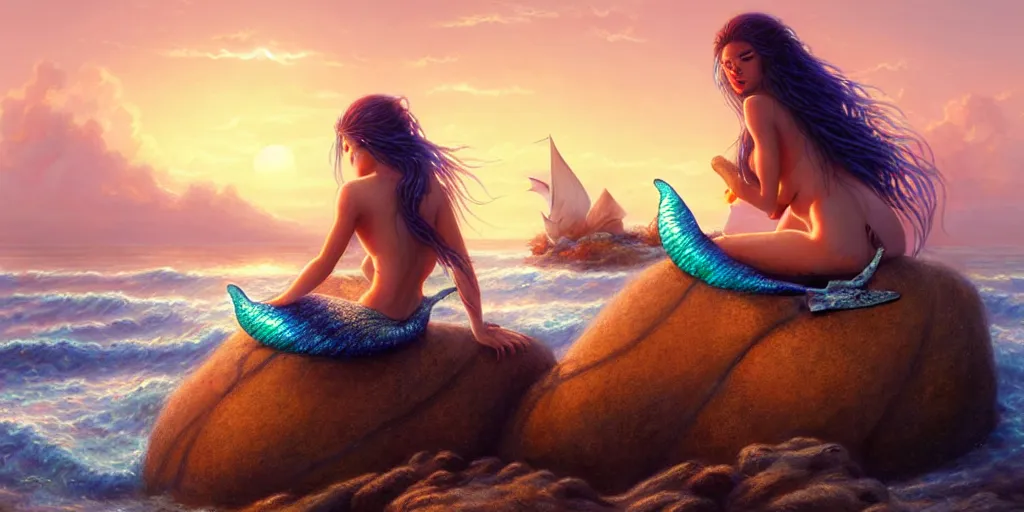 Image similar to ! dream a beautiful photo of a mermaid sits on a rock surrouded by nets, plastic bottles, garbage, sand and sea, golden hour, fantasy, hyper realistic, art by artgerm and greg rutkowski and magali villeneuve