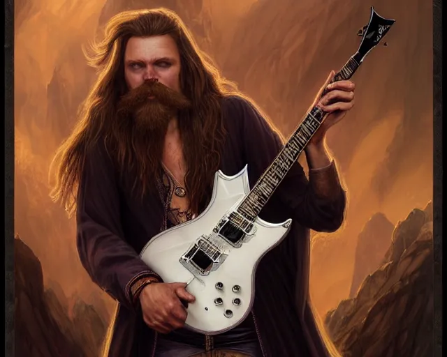 Prompt: smooth mcgroove in arcane tv series, holding a white randy rhoads guitar rr 1, deep focus, d & d, fantasy, intricate, elegant, highly detailed, digital painting, artstation, concept art, matte, sharp focus, illustration, hearthstone, art by artgerm and greg rutkowski and alphonse mucha