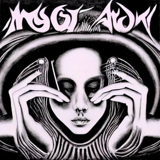 Image similar to post - punk new age album cover, magic, apocalypse, psychedelic, black white pink, magic, giger h. r.