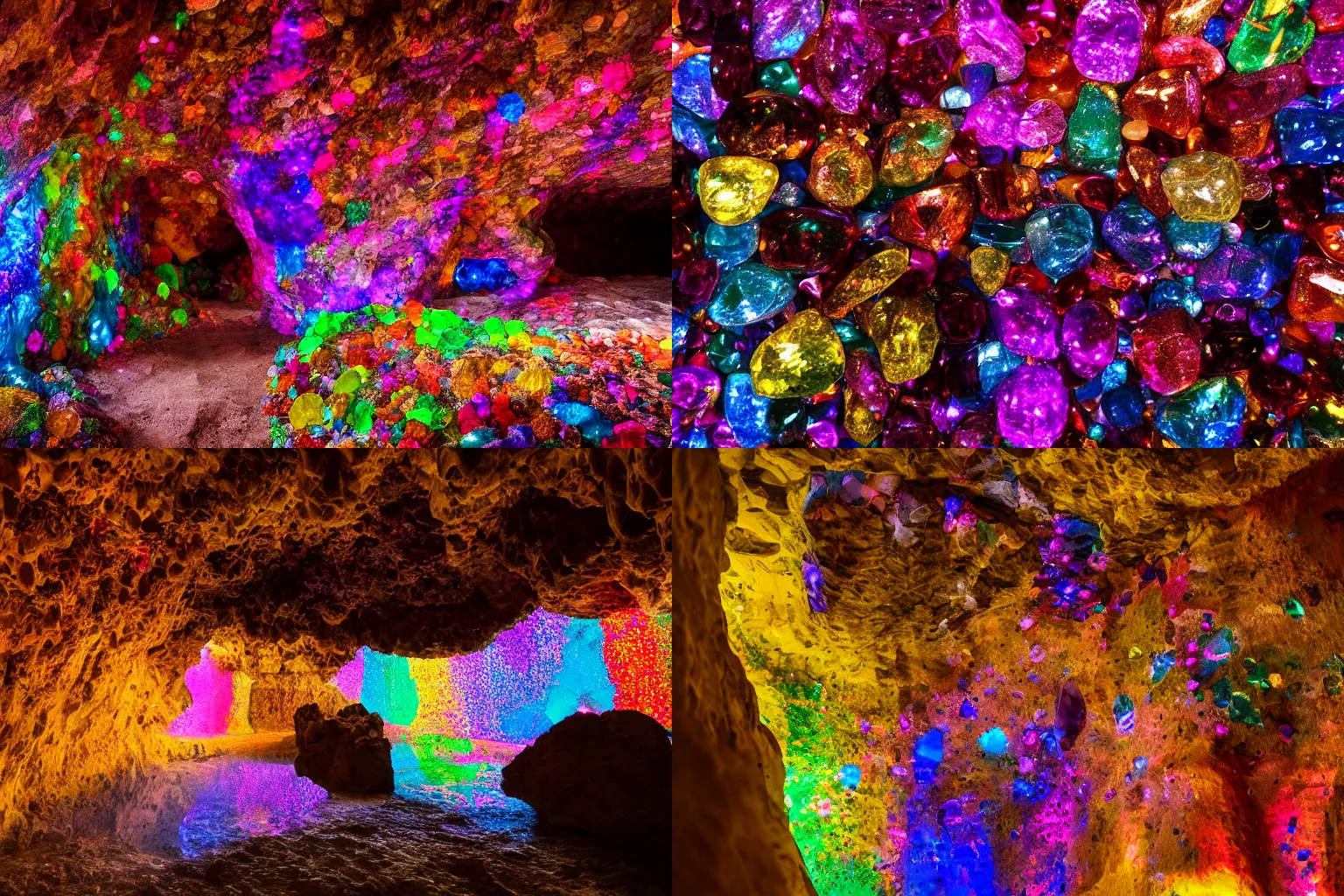 Prompt: cave with colorful shiny gemstones lining the walls, 4K photography