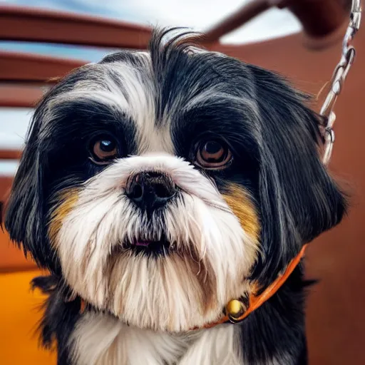 Image similar to low angle photo of a shih tzu on a pirate ship out at sea