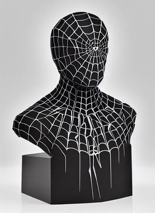 Prompt: an orthographic bust sculpture spiderman, studio lighting by Wes Anderson