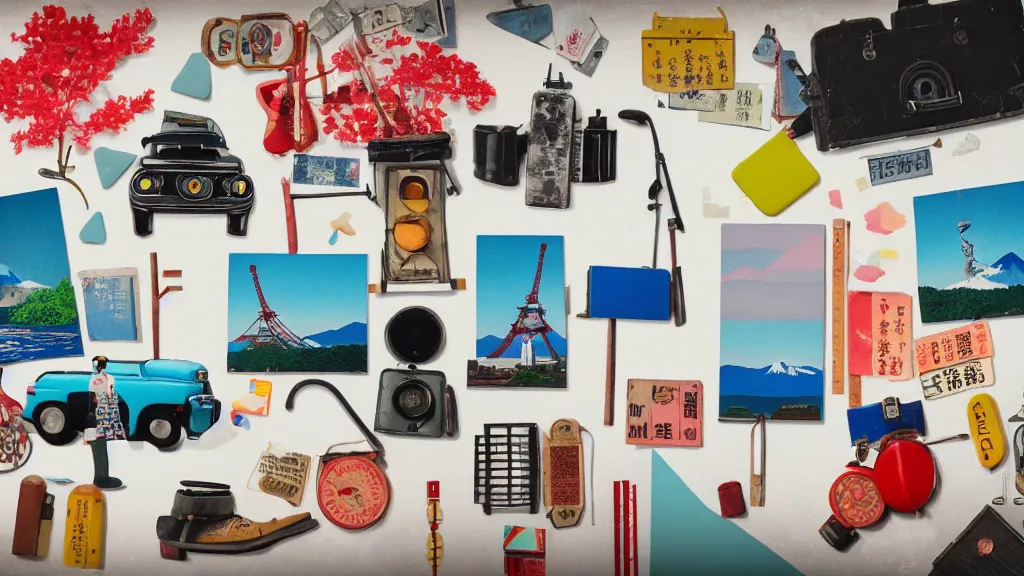 Image similar to an arrangement of tourist goods traveller props, japan, a collage painting, in the style of wes anderson, lola dupre, david hockney, isolated on negative white space background dark monochrome neon spraypaint accents volumetric octane render