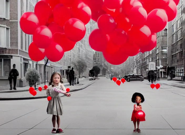 Prompt: wide angle street scene shot todd solondz a young girl faces the camera with a shy expression and holds dozens of red balloons by their strings, impressionistic, todd solondz, alphonse mucha, rhads, rebecca guay, artstation, artgerm, octane render,