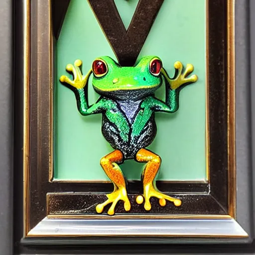 Image similar to a small frog standing on two feet at the hotel reception entry, black velvet, edgar leeteg