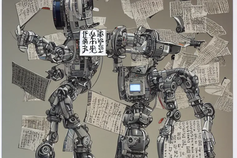 Prompt: a robot reading all the human knowledge made to date, katsuhiro otomo