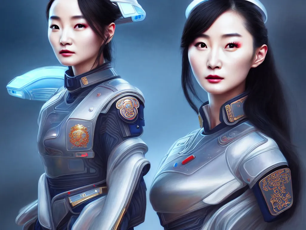 Image similar to portrait yang mi, futuristic china police uniform female, at future neon light rooftop, ssci - fi and fantasy, intricate and very very beautiful and elegant, highly detailed, digital painting, artstation, concept art, smooth and sharp focus, illustration, art by tan zi and ayanamikodon and alphonse mucha and wlop