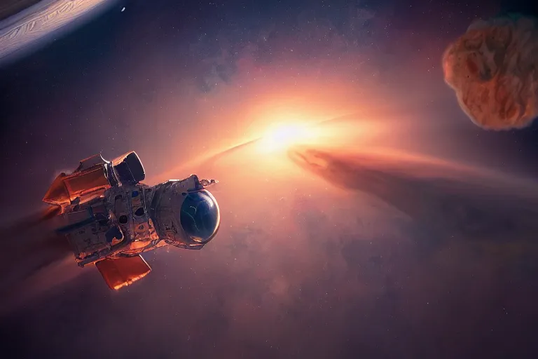 Image similar to nasa astronaut burning up while dropping through the majestic clouds of jupiter, by cedric peyravernay, highly detailed, excellent composition, cinematic concept art, dramatic lighting, trending on artstation