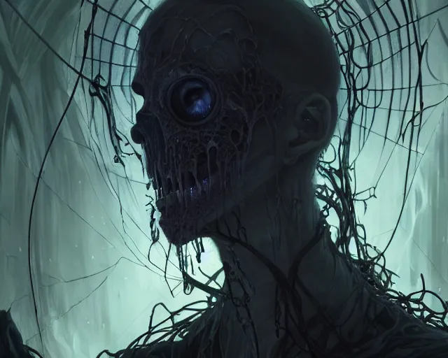 Image similar to a 4 k cinematic screenshot still portrait of a ghoul in a dark liminal space room surrounded by spider webs, deep focus, d & d, fantasy, intricate, elegant, highly detailed, digital painting, art station, concept art, matte, sharp focus, illustration, dark fantasy style art, hearthstone, art by artgerm and greg rutkowski and alphonse mucha