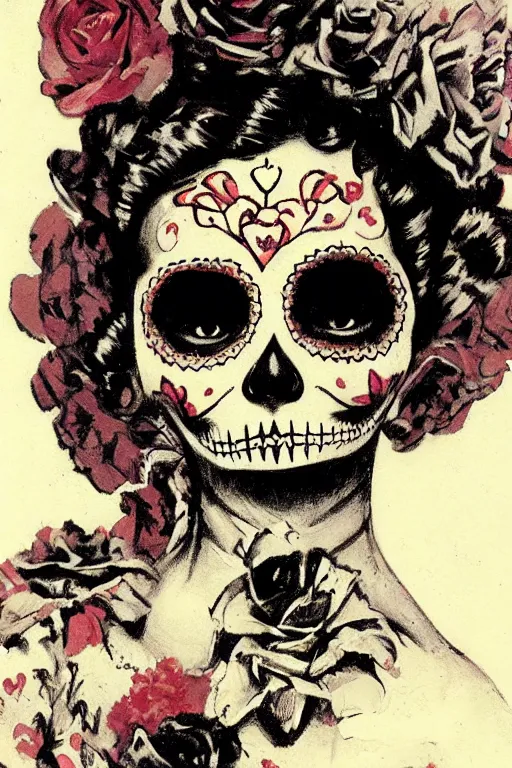 Prompt: Illustration of a sugar skull day of the dead girl, art by frank frazetta