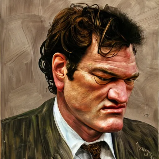 Image similar to high quality high detail painting by lucian freud, hd, portrait of tarantino