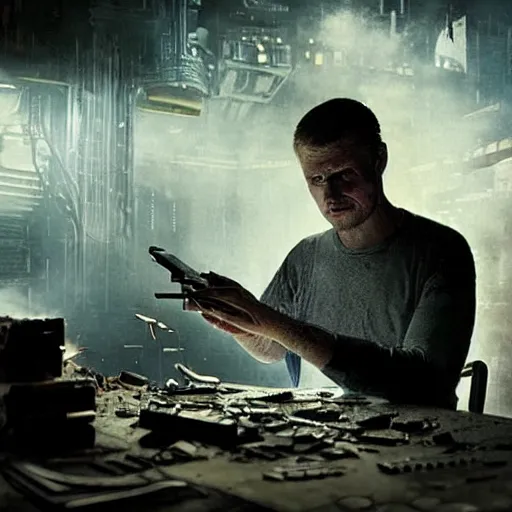 Image similar to augmented human repairing commodore 6 4, dark messy smoke - filled cluttered workshop, dark, dramatic lighting, orange tint, cinematic, highly detailed, sci - fi, futuristic, movie still from blade runner