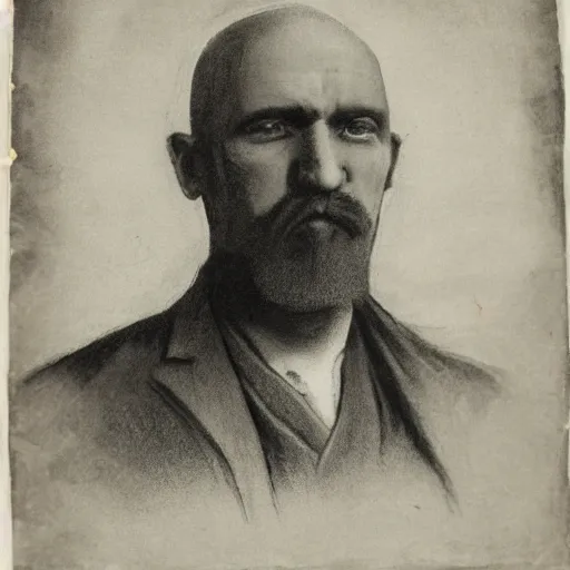 Prompt: charcoal portrait of an early 20th century russian, black robes bald, beardless, no eyebrows