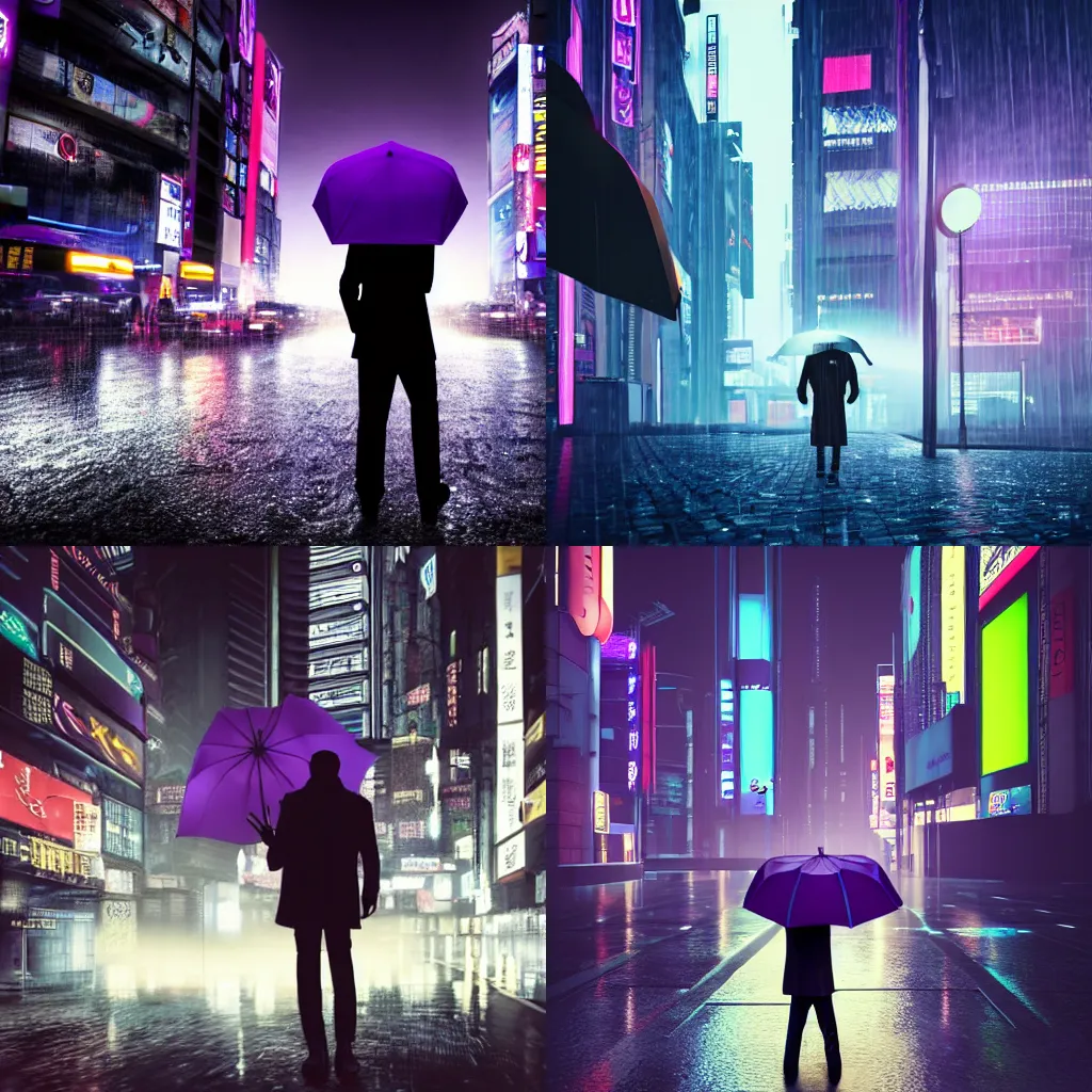 Prompt: cyberpunk high quality render, mysterious shadowy figure of a man holding an umbrella, in a rainy Tokyo city, long shot, purple lighting