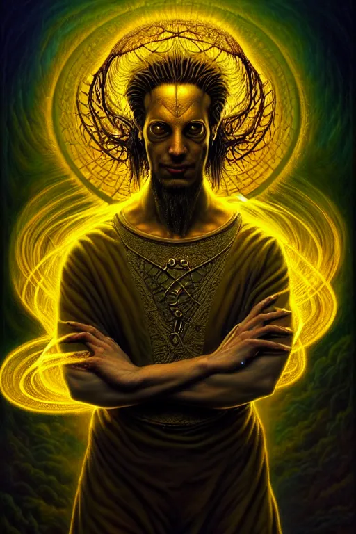 Prompt: The Software Developer, tarot card, by tomasz alen kopera and Justin Gerard, computer nerd, matrix text, thinkpad, dreadlocks, symmetrical features, ominous, magical realism, texture, intricate, ornate, royally decorated, whirling yellow smoke, embers, radiant colors, fantasy, trending on artstation, volumetric lighting, micro details, 3d sculpture, ray tracing, 8k, anaglyph effect