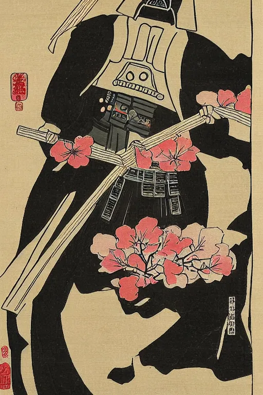 Image similar to Japanese woodblock print of Darth Vader holding a samurai sword , cherry blossom, Hokusai