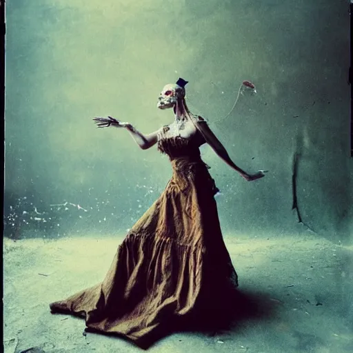 Prompt: damaged kodak portra 4 0 0, wetplate, photo of a surreal artsy dream scene,, very beautiful model, weird fashion, grotesque, extravagant dress, strange pose, carneval, with an animal, wtf, photographed by paolo roversi style