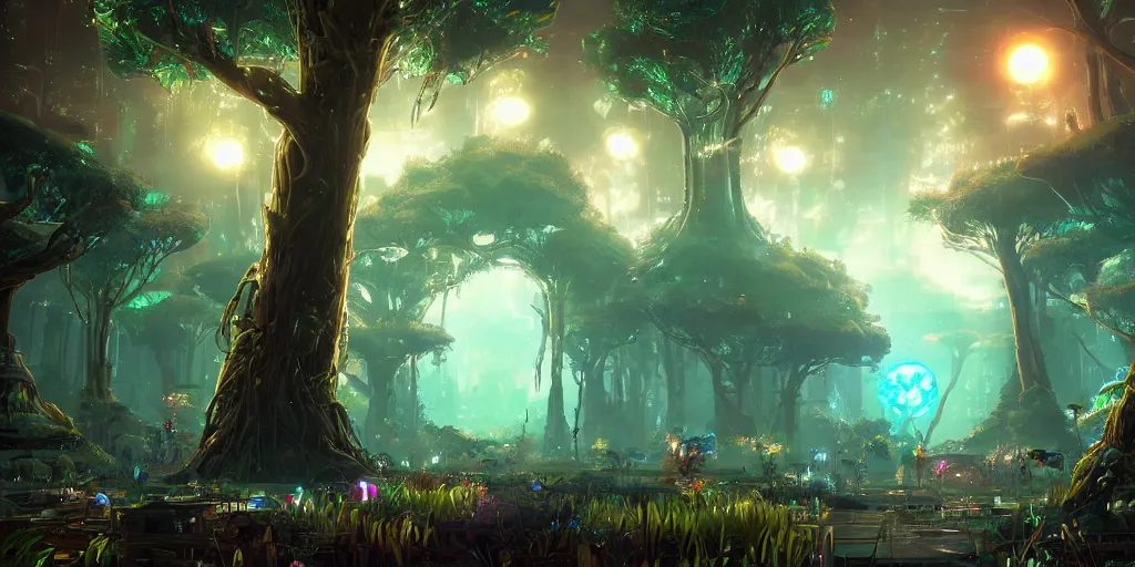 Image similar to huge cybernetic trees and neon cyberpunk lanterns, misty nighttime. radiating rich energy. photorealistic, expansive atmosphere, volumetric shading, holographic, intricate and detailed, vivid colors. aesthetic. ori and the blind forest, breath of the wild style, by miyazaki ghibli!!!. trending on artstation. award winning