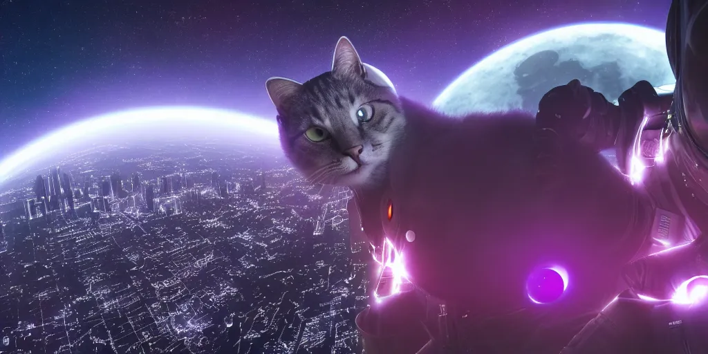 Prompt: A cat in sifi spacesuit looking down on Gotham city, purple night, giant moon in background, 8k, hyperdetailed, cinematographic, dynamic scene, wide angle camera, Artstation, unreal engine